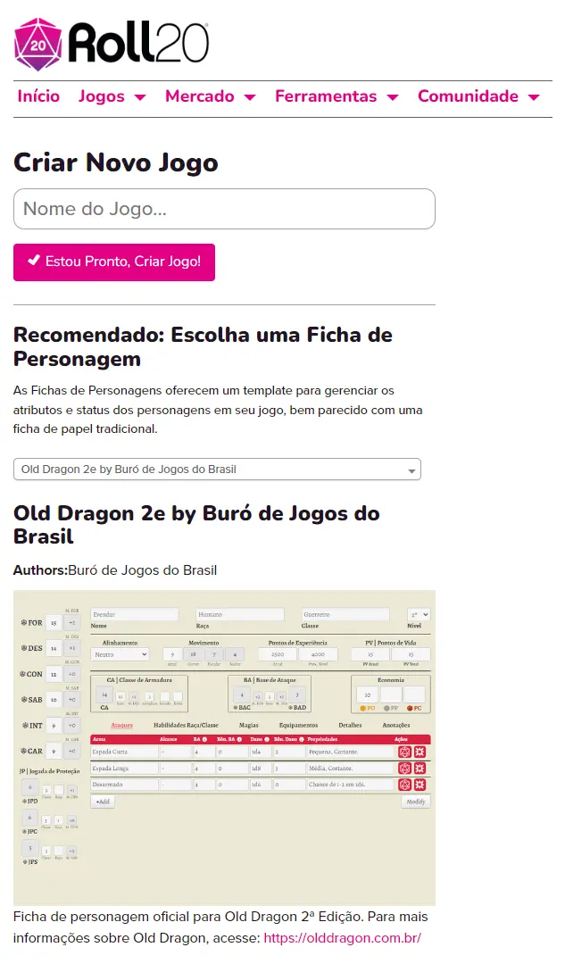 Criando um novo jogo de Old Dragon 2e no Roll20